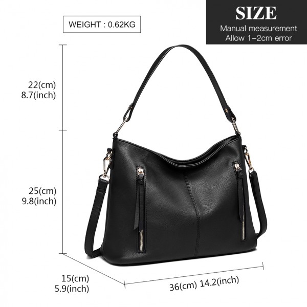 LT1941-MISS LULU CLASSIC STYLE SLOUCH SHOULDER BAG BLACK